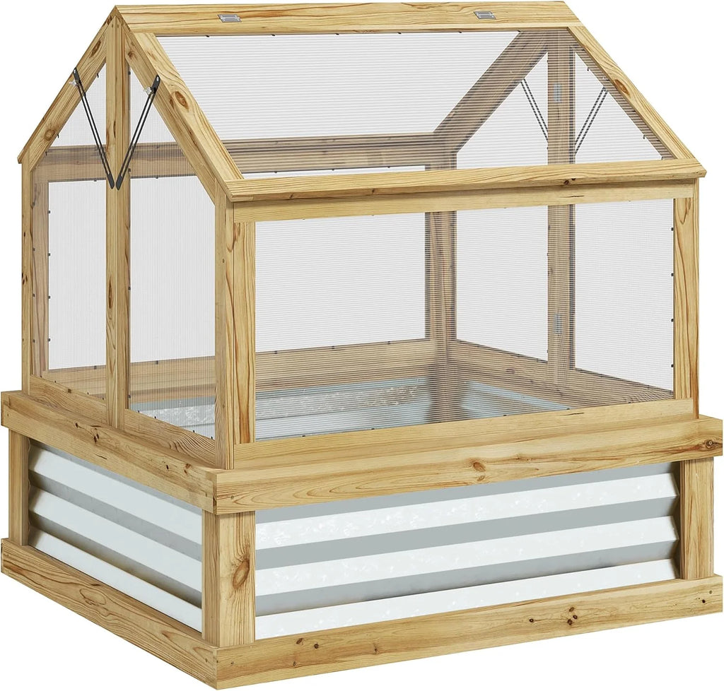 Raised Garden Bed With Polycarbonate Cold Frame Greenhouse, 35.5 x 31.5 x 36 in, Natural Wood