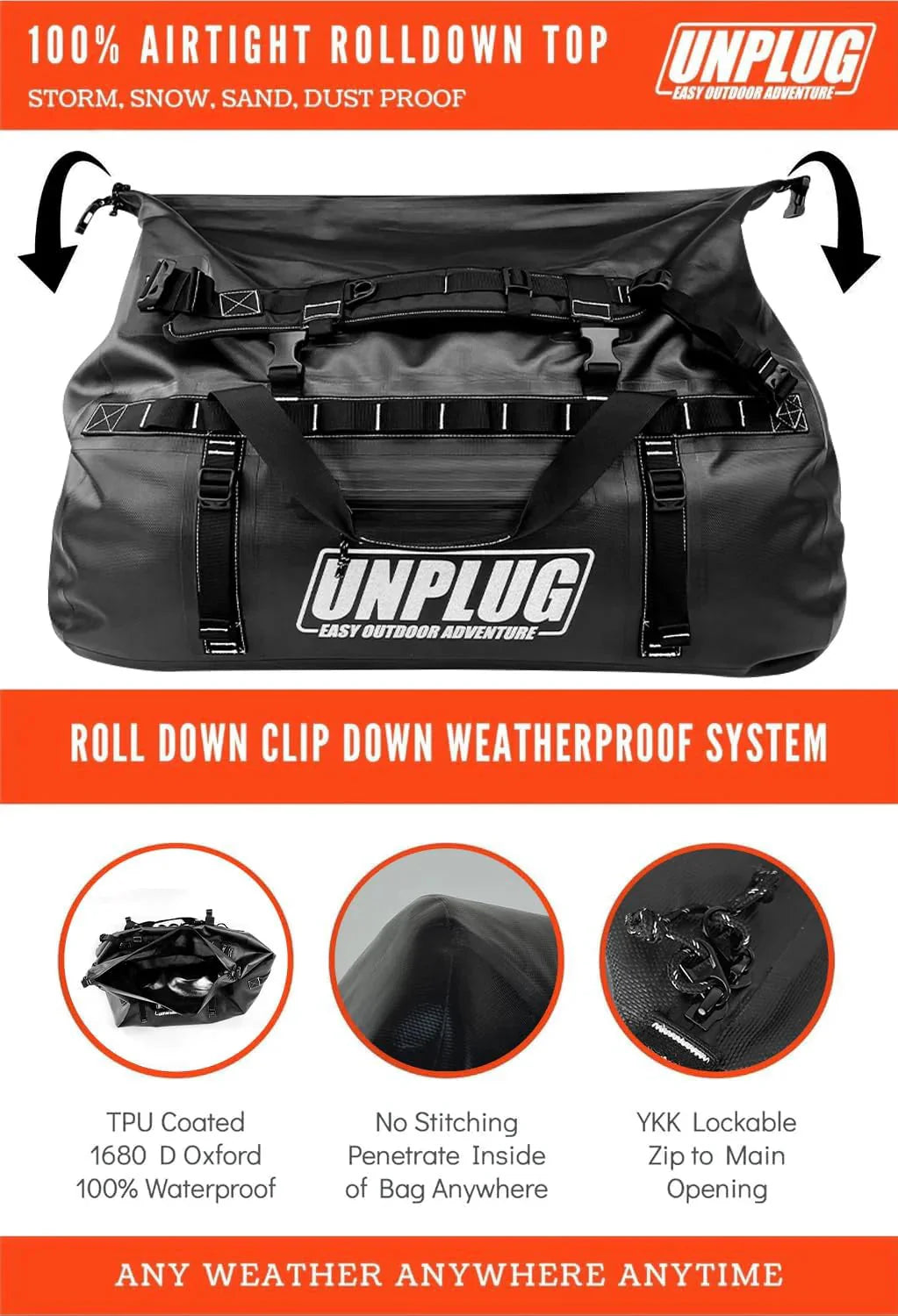 UNPLUG Waterproof Duffel Backpack, 65L, Adventure Orange - 100000