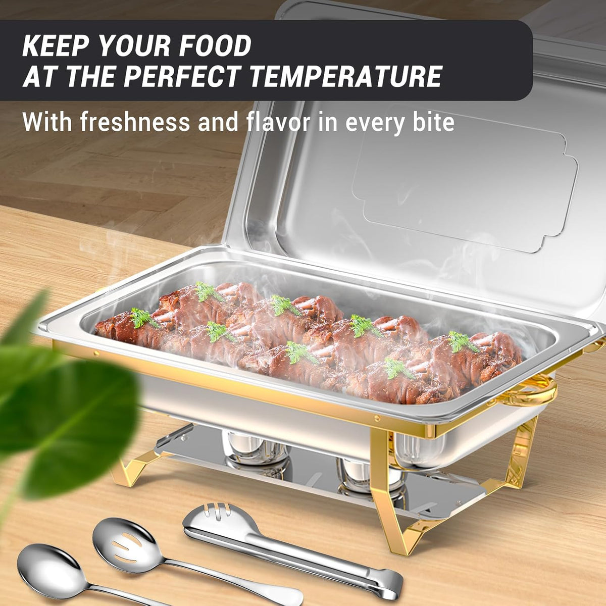 Chafing Dish Buffet Set, 8 Qt, 4 Pack, Full Size Pan, Half Gold