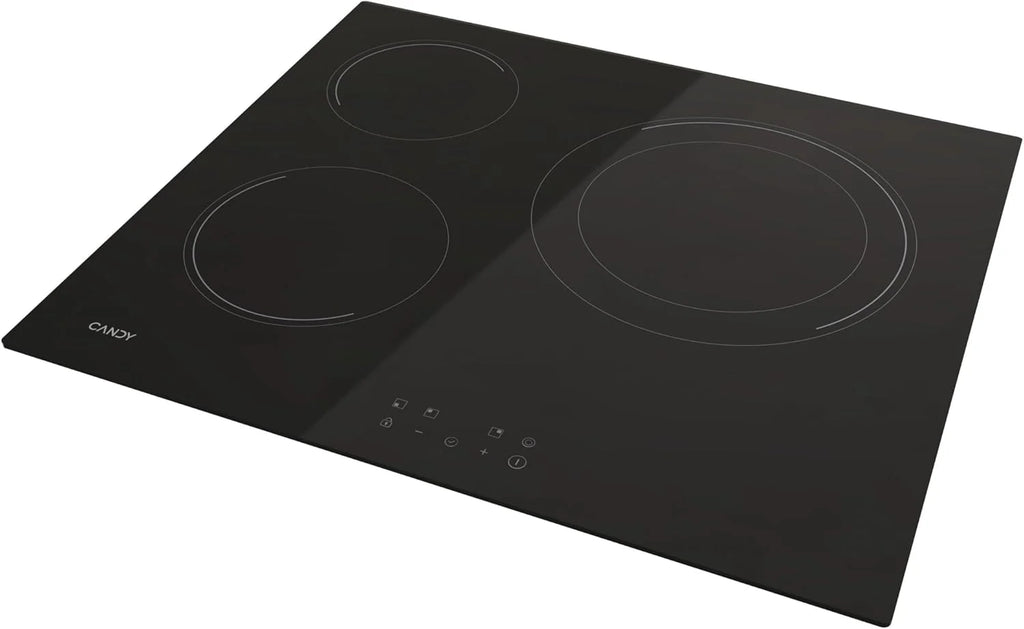 Candy Ceramic Hob 60 cm, 3 Cooking Zones, Double 30 cm Zone, Black - CH63DCC