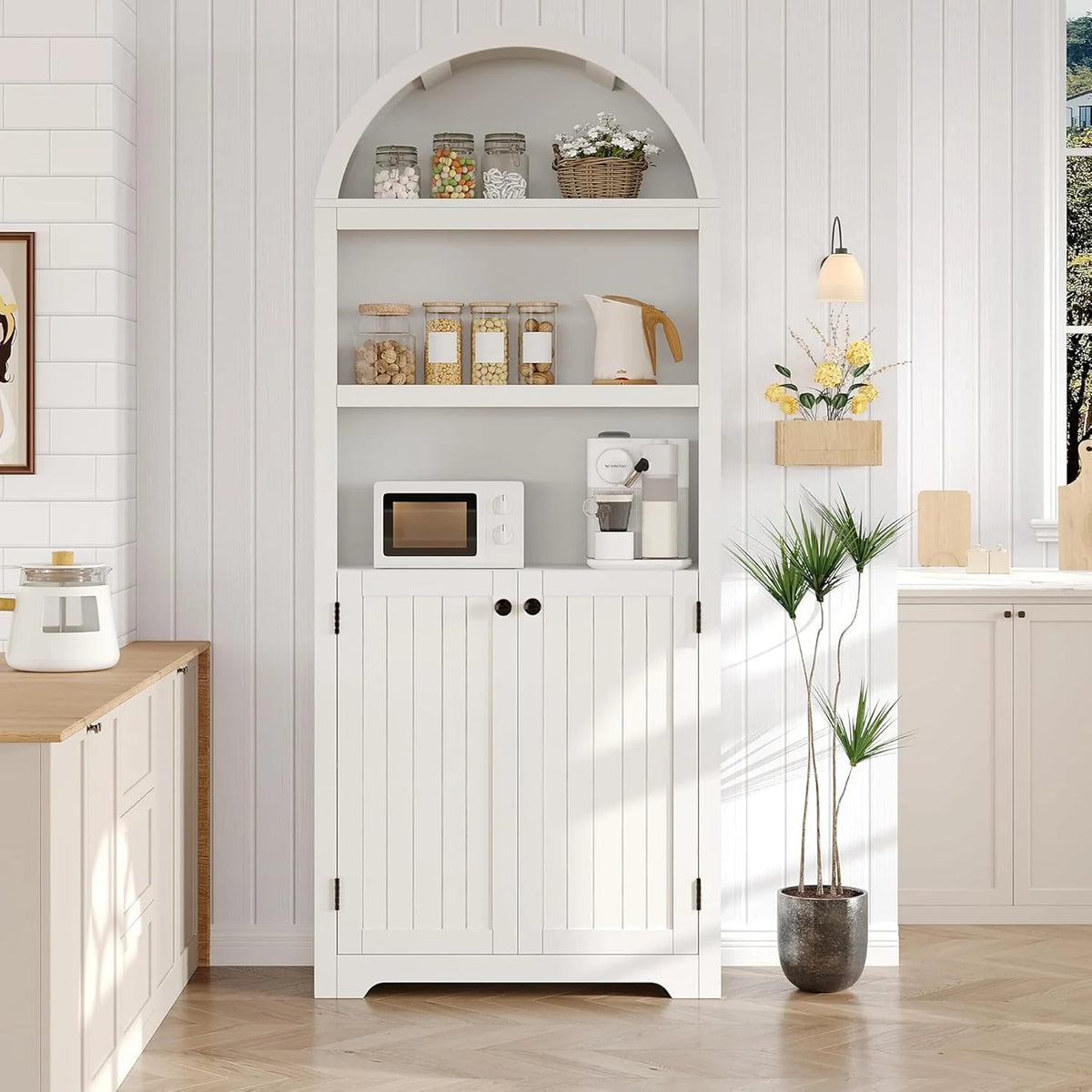 72in Tall Farmhouse 5-Tier Arched Bookcase With Double Doors And Adjustable Shelf