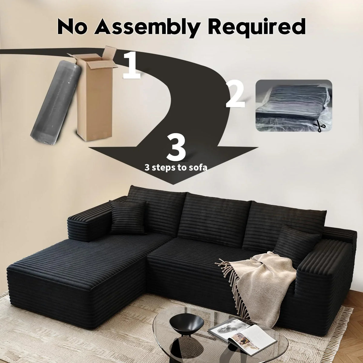 Settab Modular Sectional Sofa, 2 Seater Left-Facing Chaise, Black, 68.9 inch D x 107.5 inch W x 36.3 inch H