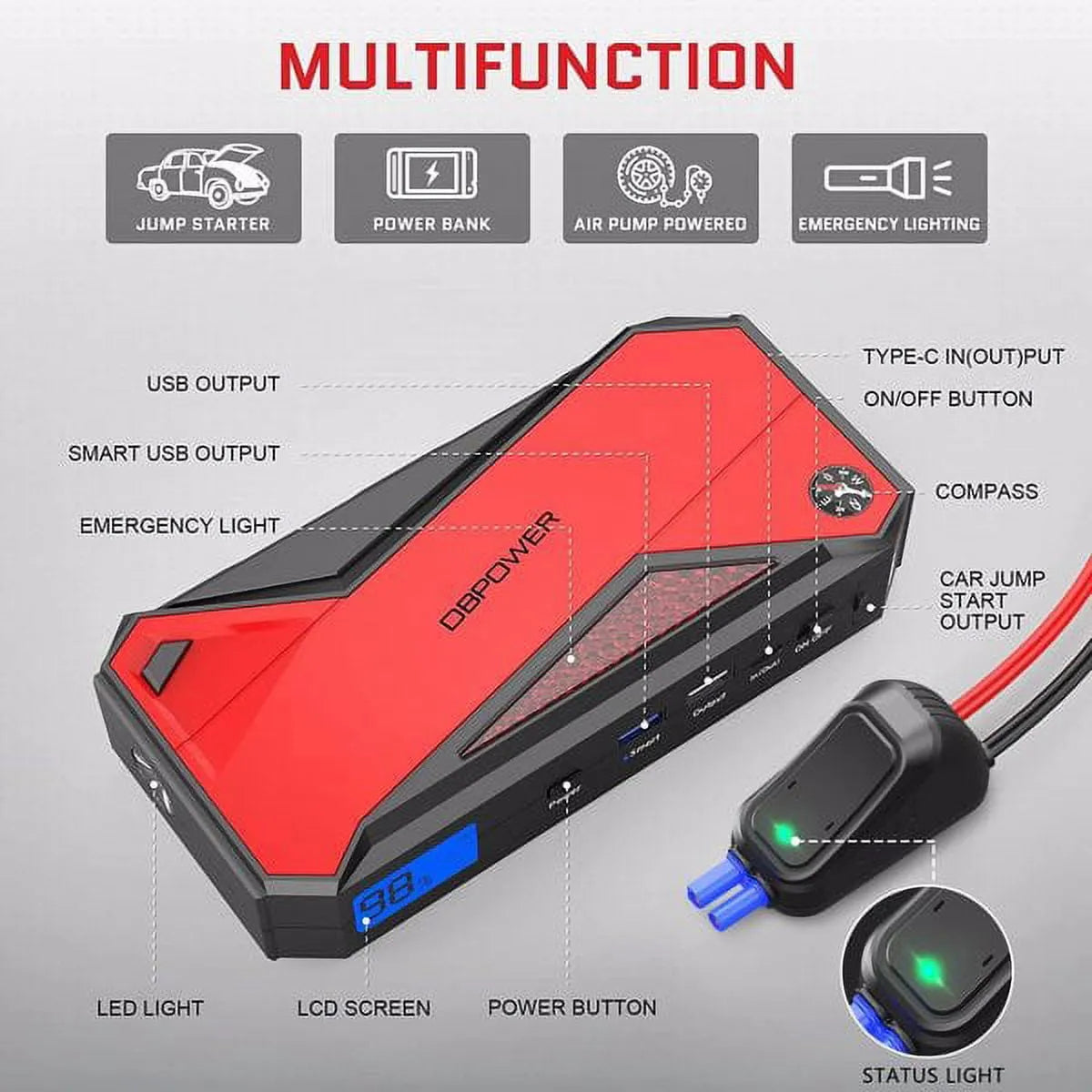 Peak 1600A 18000mAh Car Battery Jump Starter For Up To 7.2 Gas And 5.5L Diesel Engines - DJS90