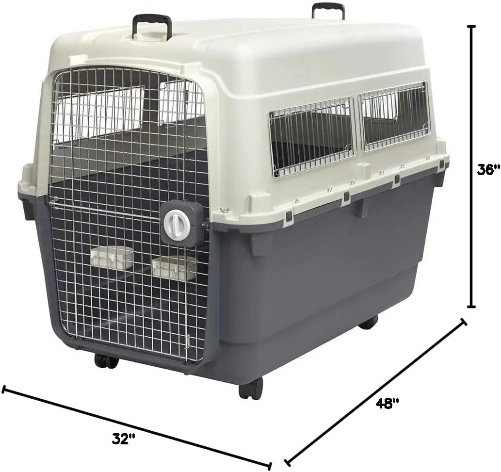 SportPet Designs Plastic Airline Approved Rolling Dog Kennel With Wire Door, XXX-Large, Gray, 48in L x 32in W x 36in H