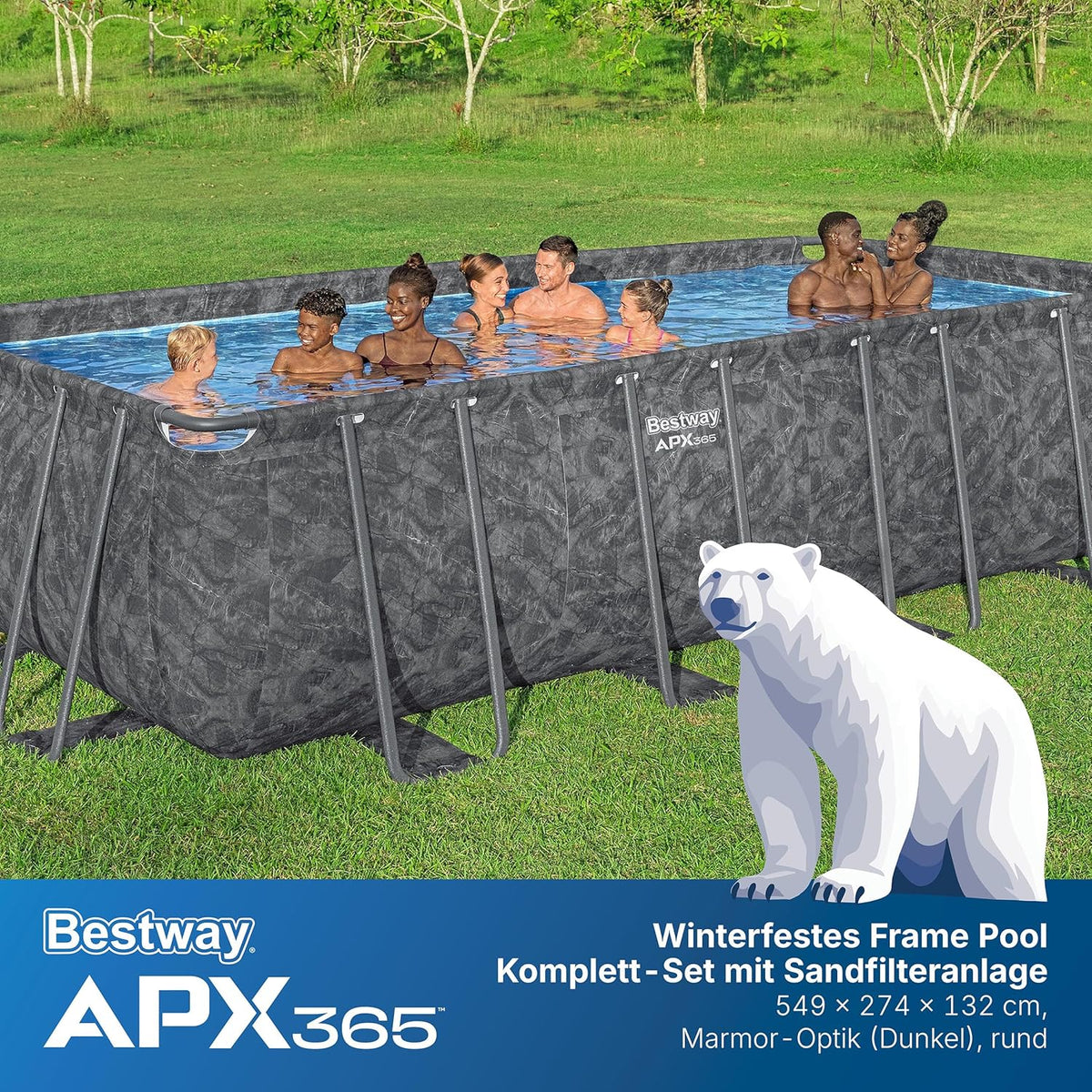Bestway Frame Pool Set 549 x 274 x 132 cm, 16.477 L, Steel Frame, Dark Marble Look - APX365