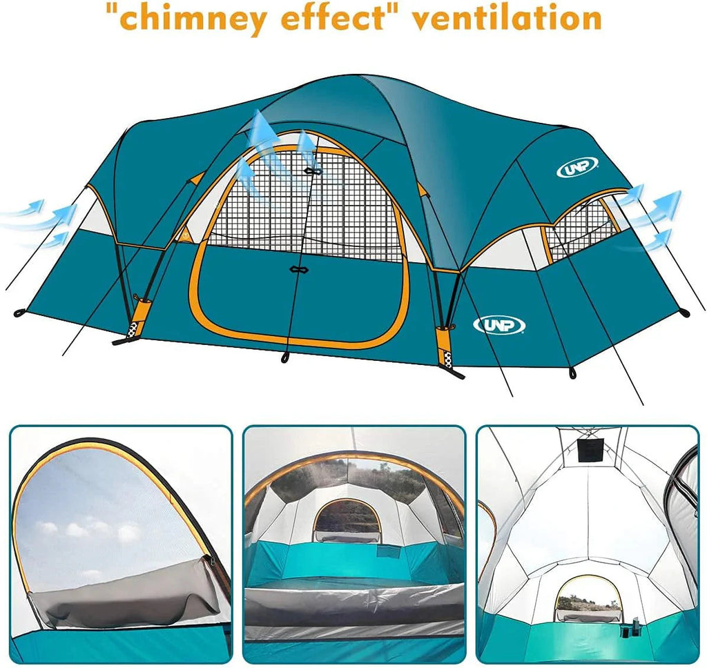 unp 10-Person Camping Tent, 18ft x 9ft x 78in, 2 Rooms, 5 Mesh Windows