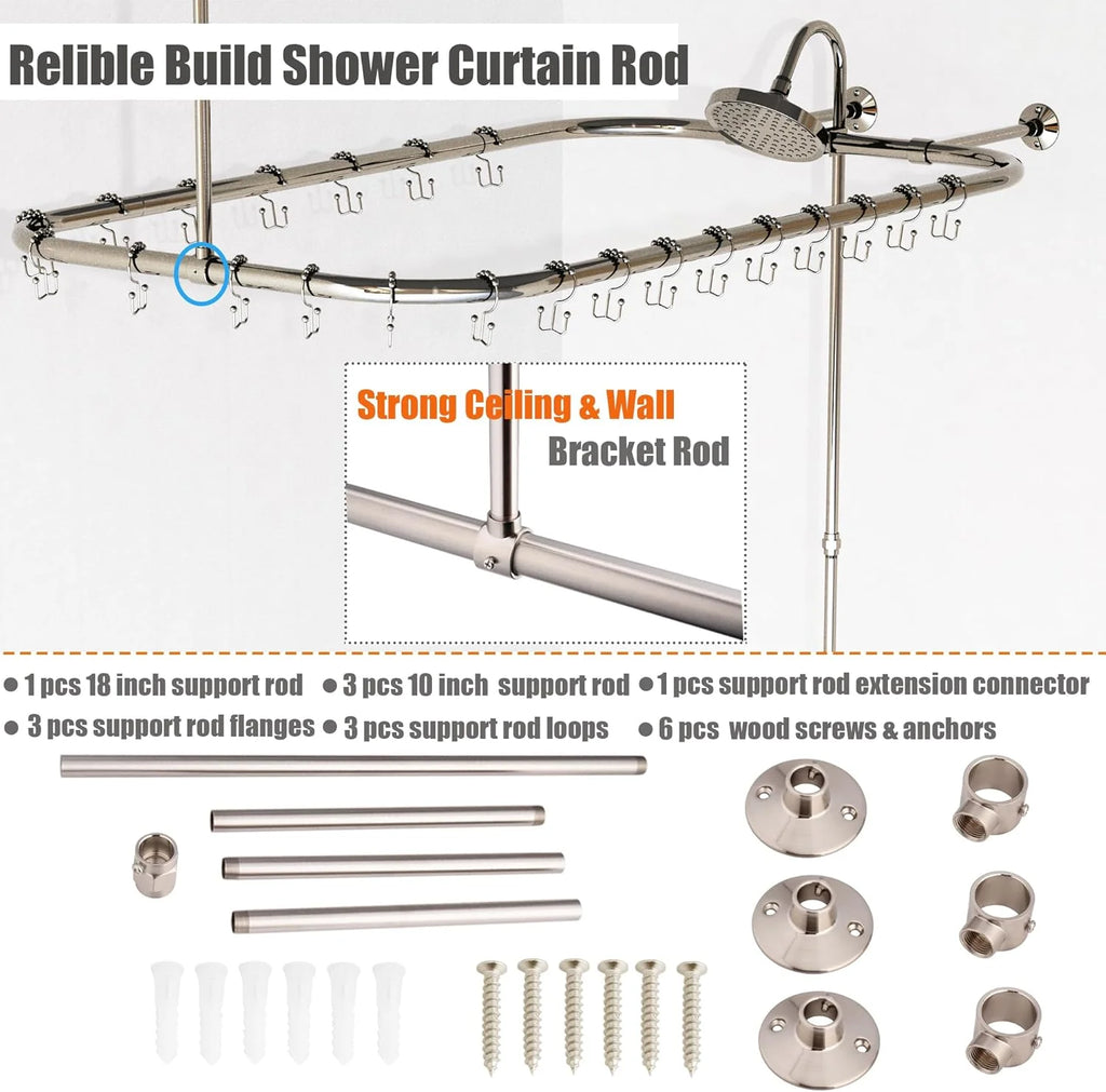 Clawfoot Tub Shower Kit With Bathcock Diverter Faucet And 48 x 27 in Rectangular Curtain Rod - Brushed Nickel