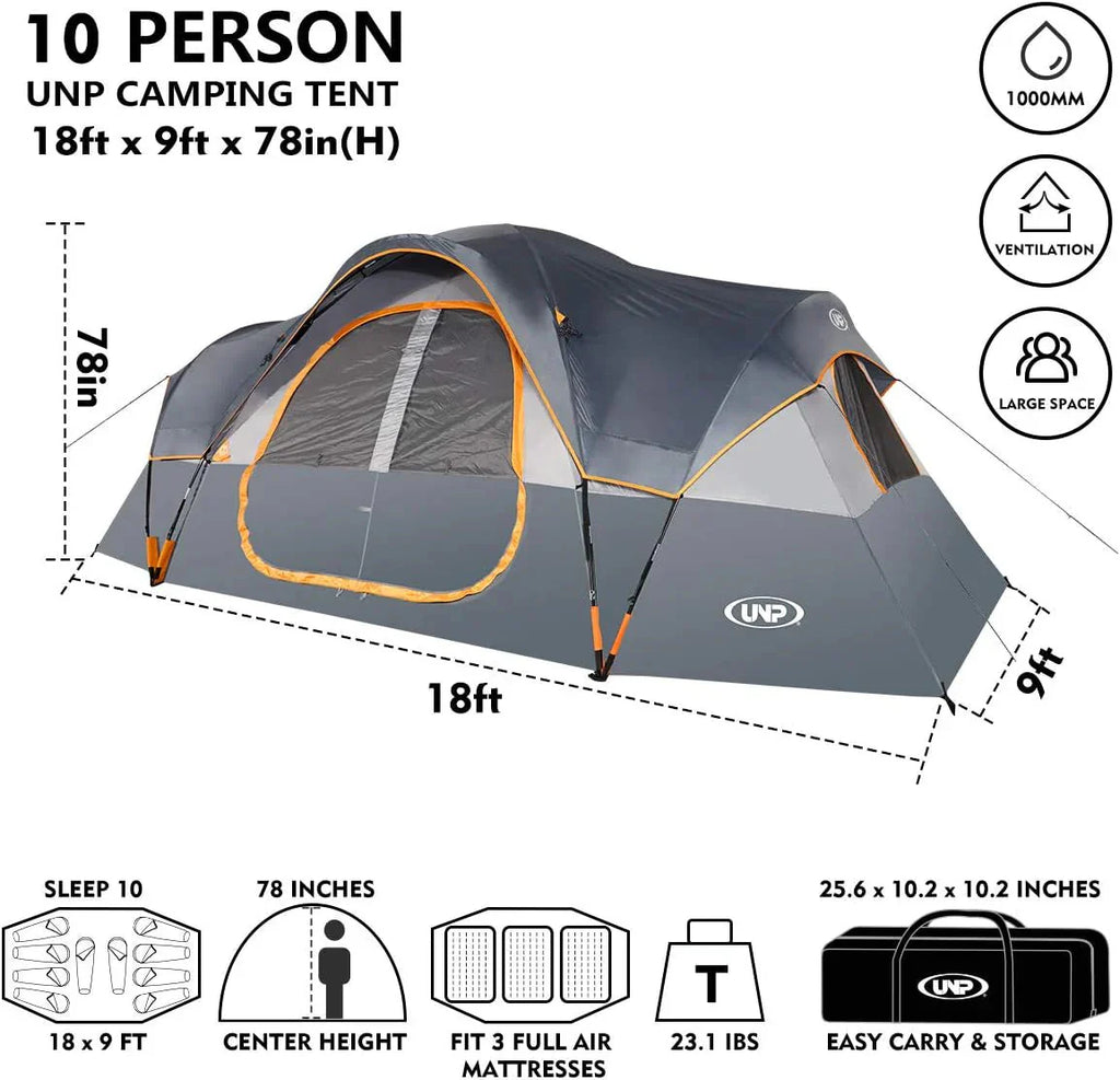 unp 10-Person Camping Tent, 18ft x 9ft x 78in, 2 Rooms, 5 Mesh Windows