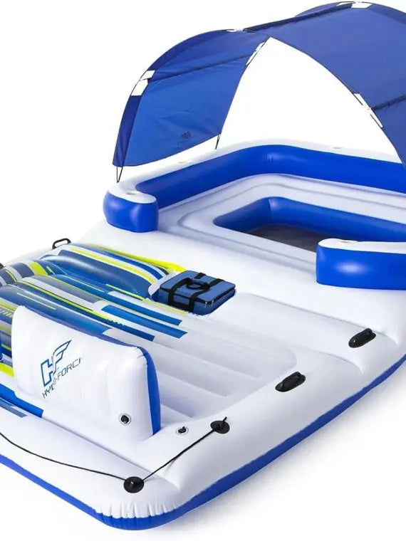 Bestway Tropical Breeze 6-Person Inflatable Party Island Float With Cup Holders, Backrests And Sun Shade - Blue/Yellow