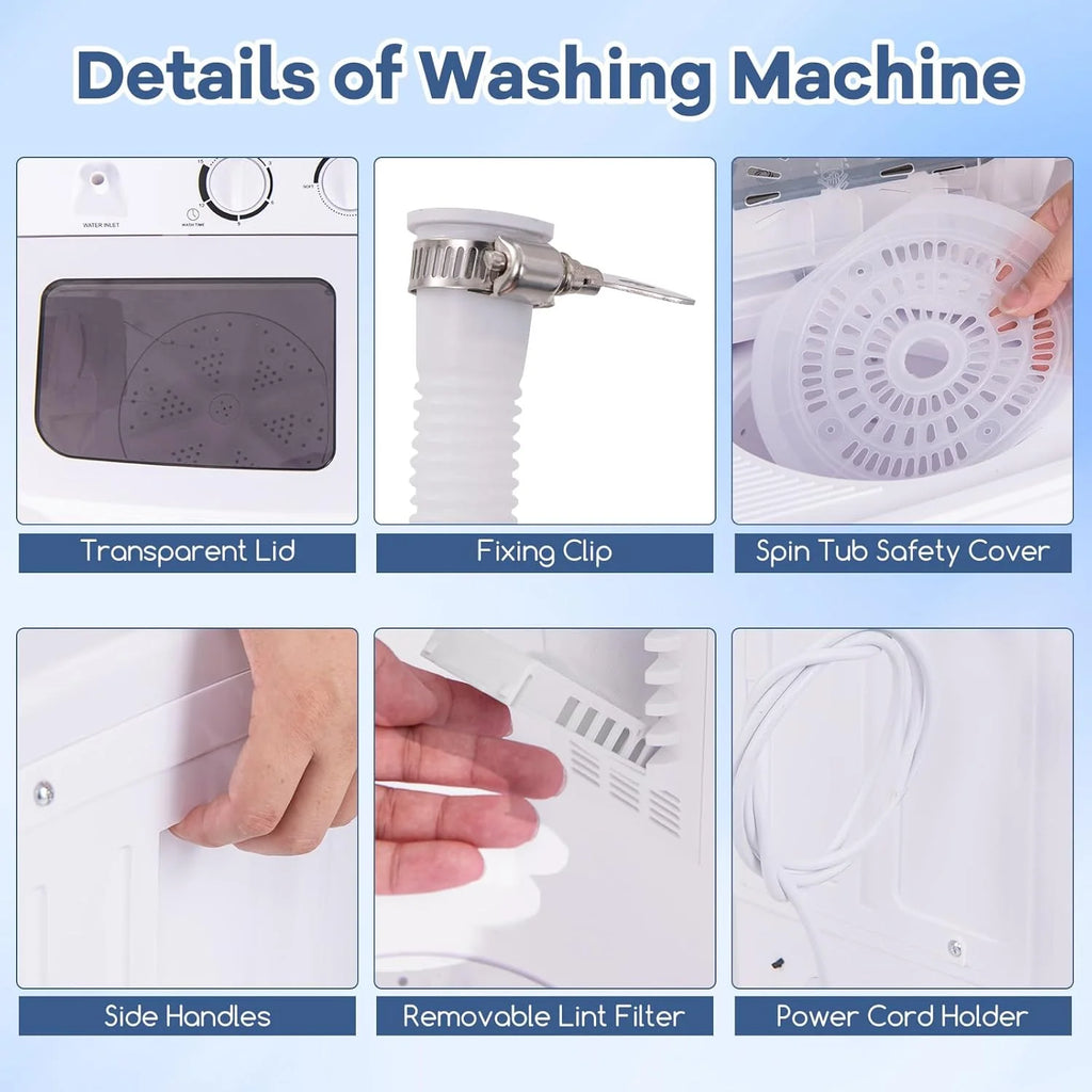 Portable Compact Twin Tub Washing Machine, 17.6 Pounds, White & Blue - Spanish Model