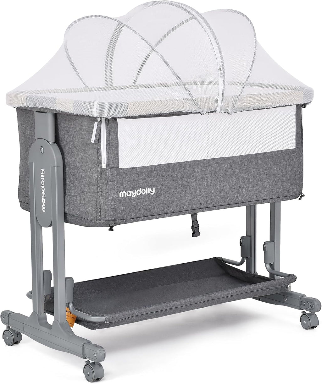 Maydolly 3-in-1 Baby Bassinet Bedside Crib With Mattress And Soft Breathable Sheet, 7-Height Adjustable, Grey