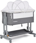 Maydolly 3-in-1 Baby Bassinet Bedside Crib With Mattress And Soft Breathable Sheet, 7-Height Adjustable, Grey