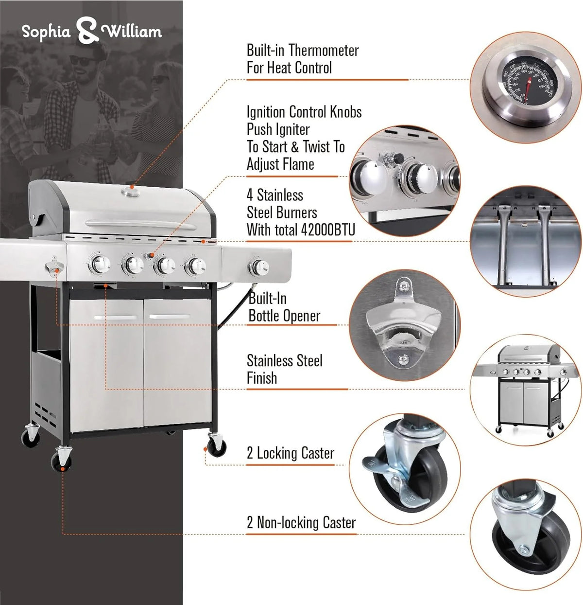 Sophia & William 4-Burner Propane Gas Grill, 542 Sq. In., Silver - E02GR001