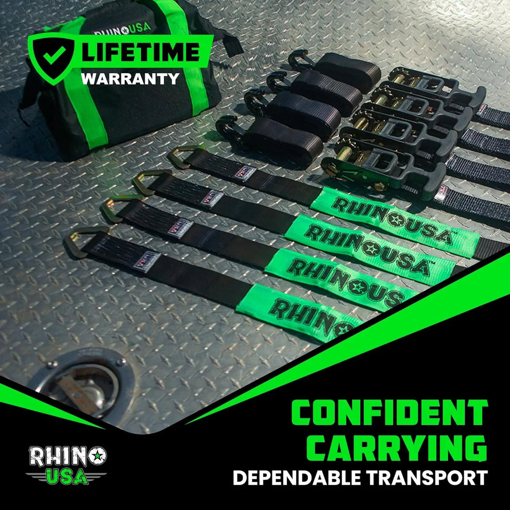 Rhino USA Car Tie-Down Straps With J Hooks, 4-Pack, 2 Inch x 8 Feet, Black - HDKIT-P 2IN-HDKIT