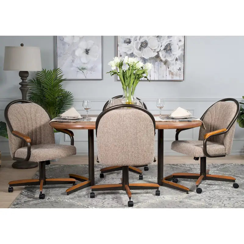 Casual Dining Swivel And Tilt Rolling Dining Chair, Brown Fabric, 38 H x 22 1/2 W x 22 D / 38 H x 24 W x 22 D