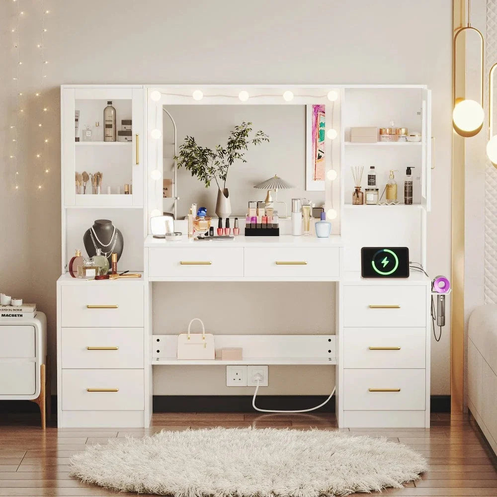 UGTOO Makeup Vanity Desk With Mirror And Lights, 58.27 in, 10 Adjustable LED Bulbs, 8 Drawers, 2 Cabinets, White