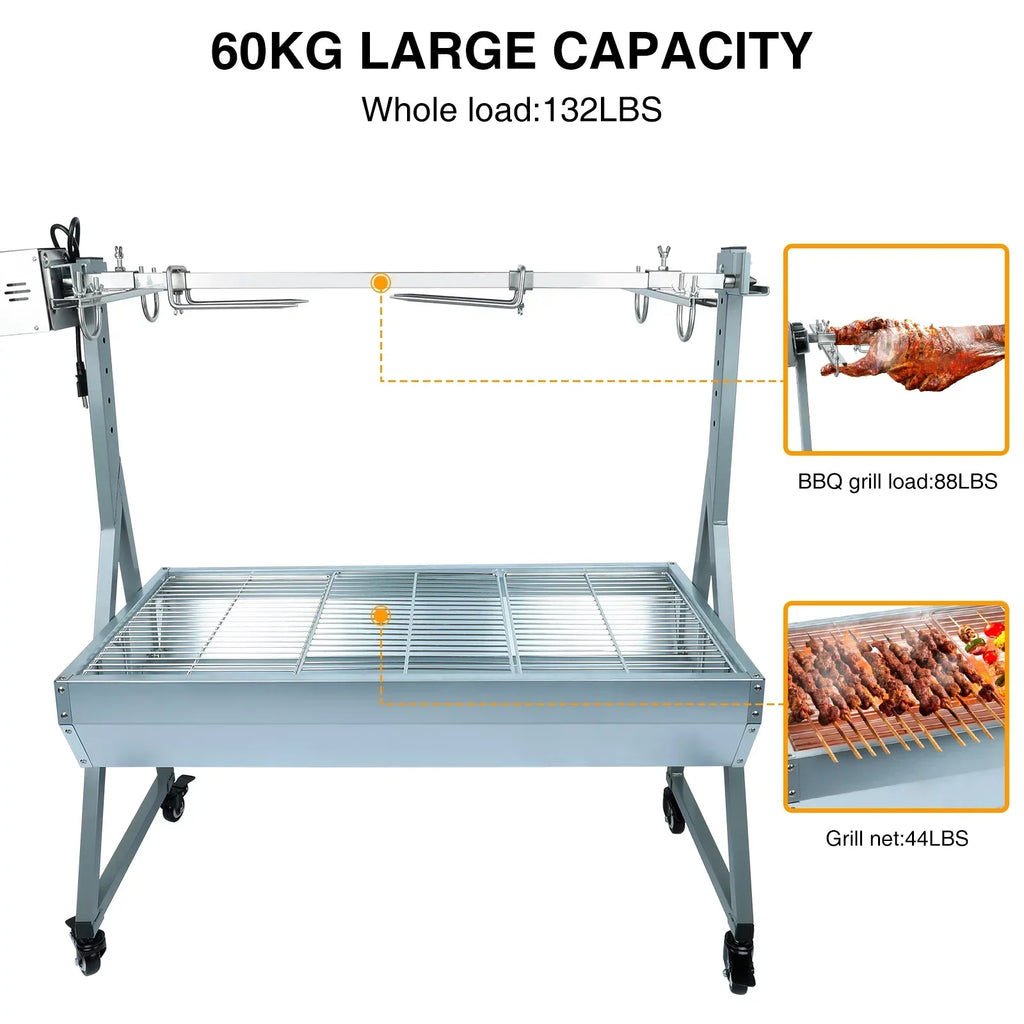 Rocita Charcoal Rotisserie Grill Roaster 132lbs, 38.5in x 18.1in, Stainless Steel, 25W Motor And Hand Crank