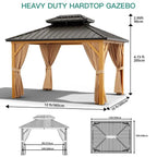 10X13 FT Outdoor Galvanised Steel Hardtop Gazebo With Netting And Sunshade Curtains, Khaki