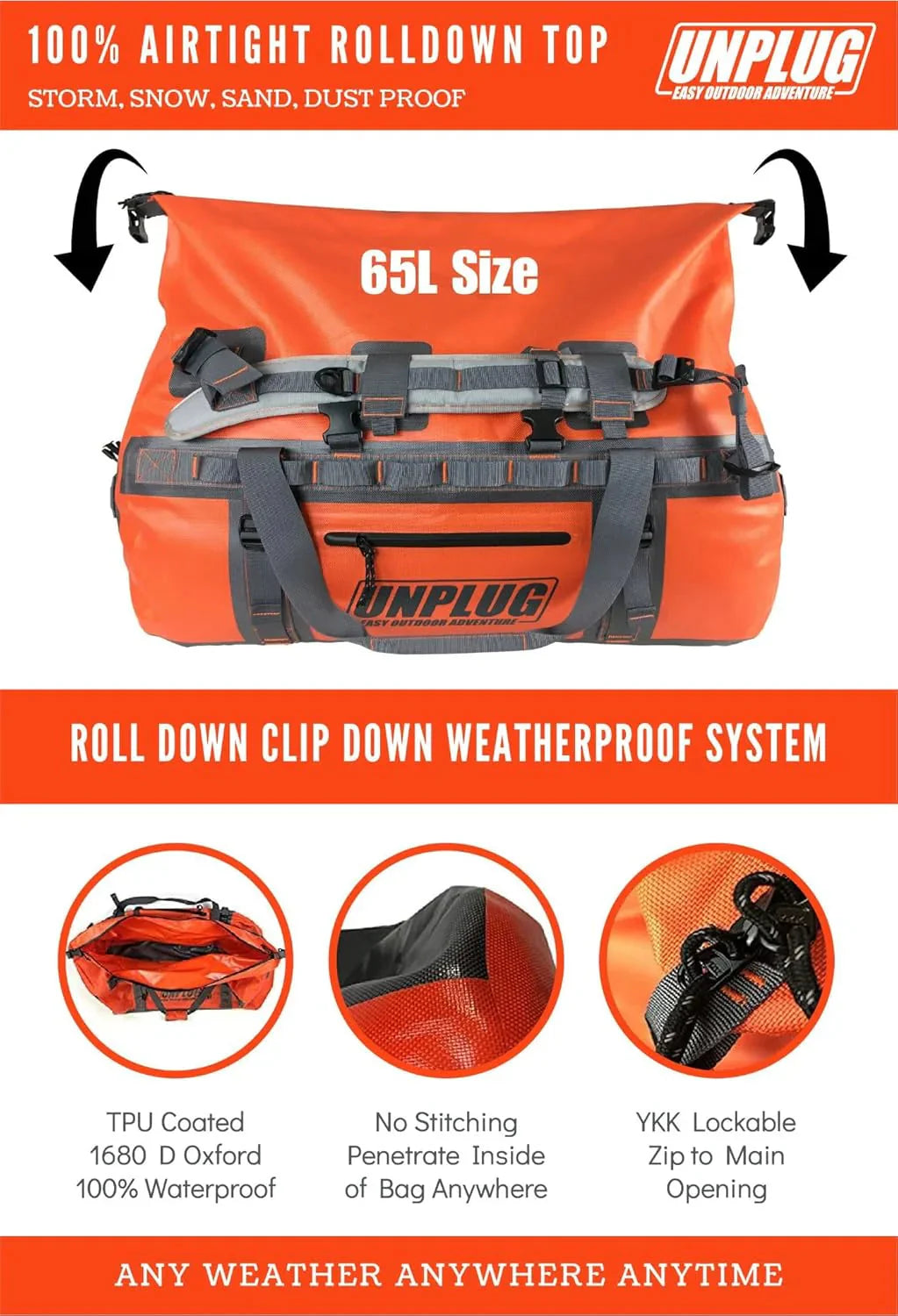 UNPLUG Waterproof Duffel Backpack, 65L, Adventure Orange - 100000