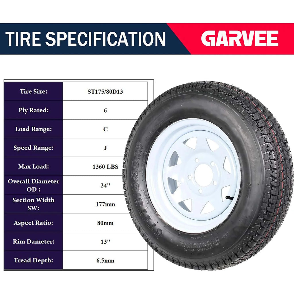 Set Of 2 Trailer Tire And Wheel Assemblies 175-80 5 Lug 6PR White Spoke Load Range C