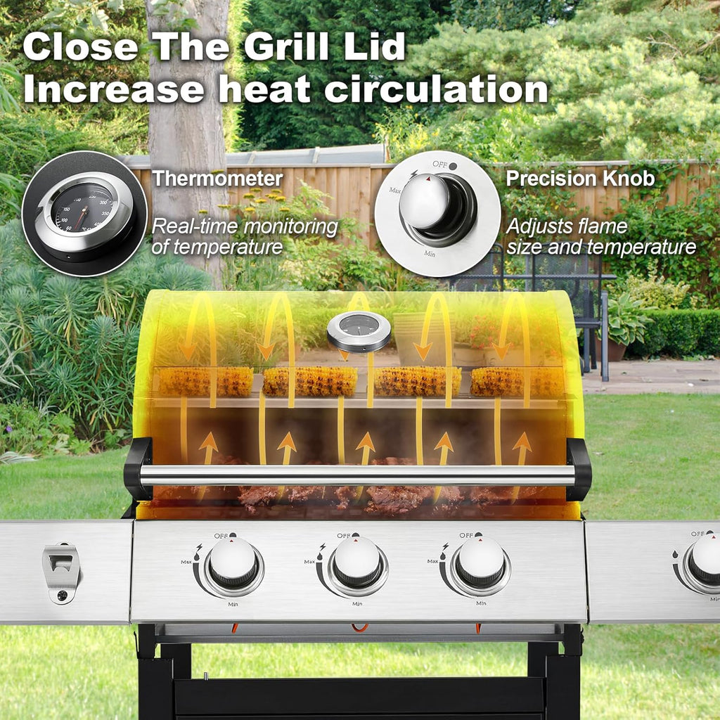 4-Burner Propane Gas Grill With Cast Iron Grates, Side Stove And 44,000 BTU Stainless Steel Burners