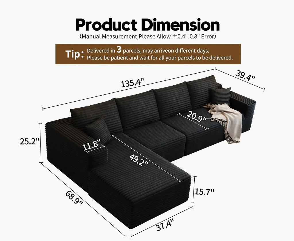 Settab Modular Sectional Sofa, 2 Seater Left-Facing Chaise, Black, 68.9 inch D x 107.5 inch W x 36.3 inch H