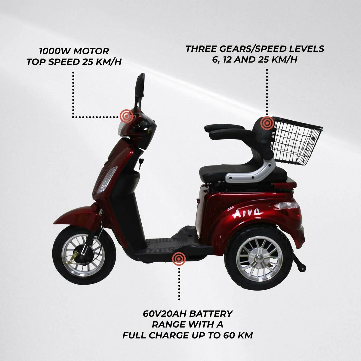 Arvo Senior Mobility Scooter 60v20AH Red - P300