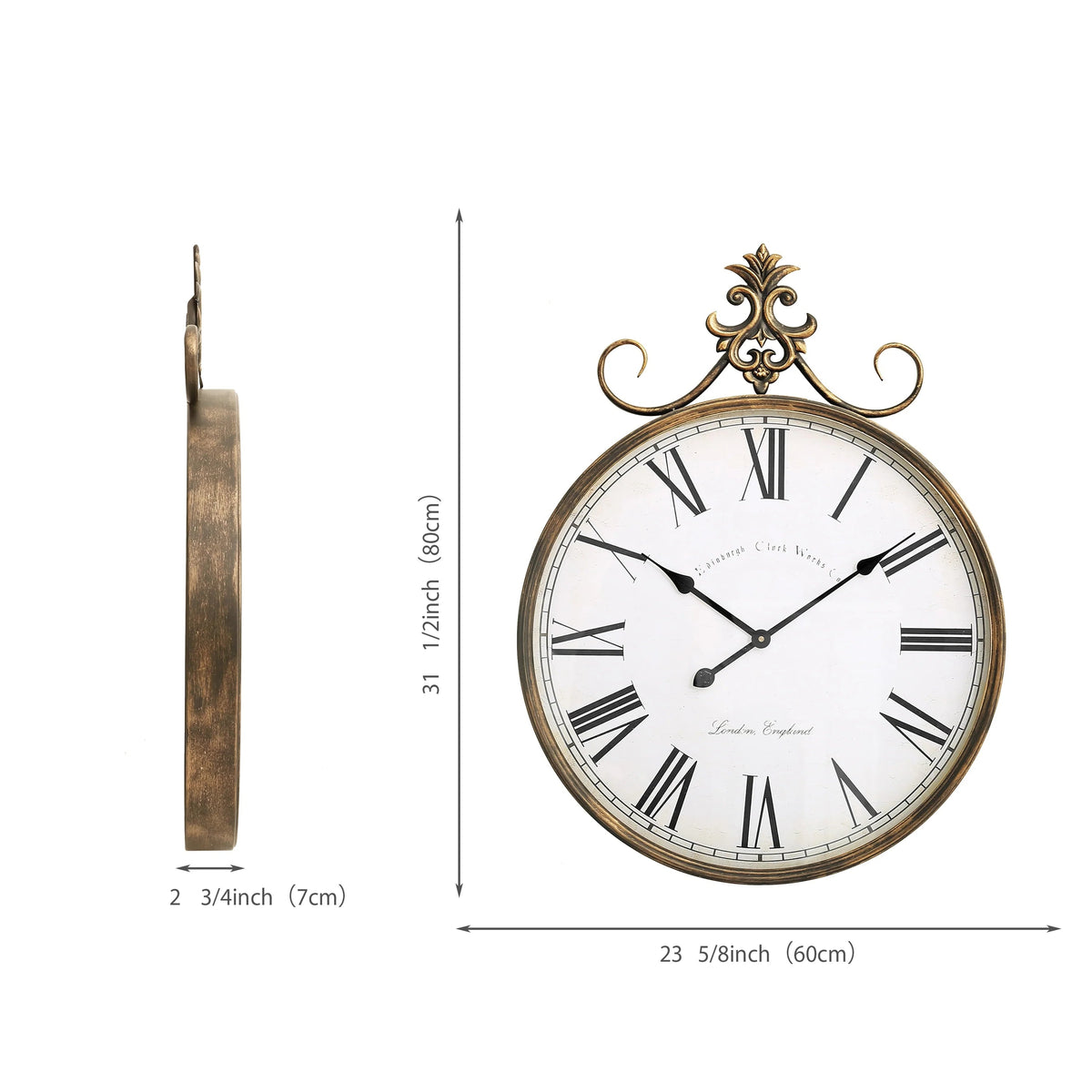 Large Antique Wall Clock, 21 Inch, Bronze-Gold Or Bronze, 27.5 x 20 in / 31.49 x 23.62 in