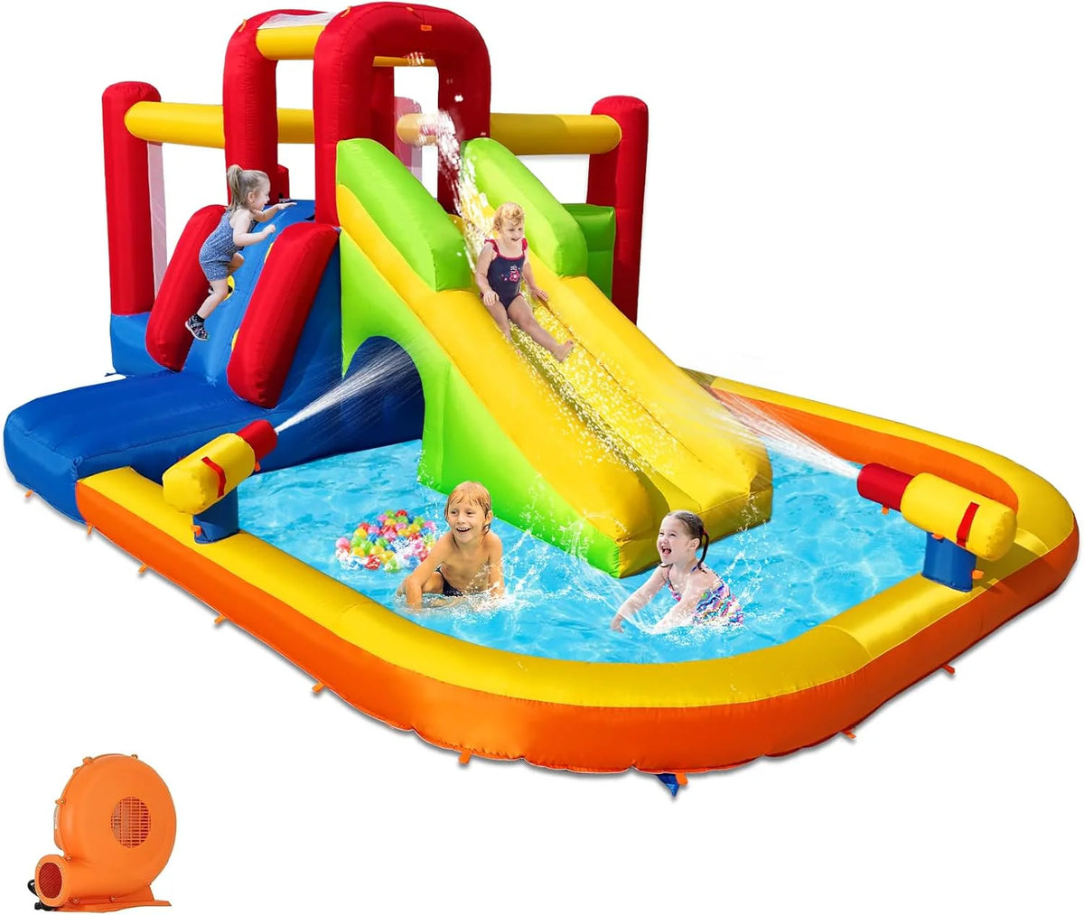Kids' 12 In 1 Inflatable Water Slide Bounce House With Splash Pool, Double Cannon And Blower - 187in L x 128in W x 76in H