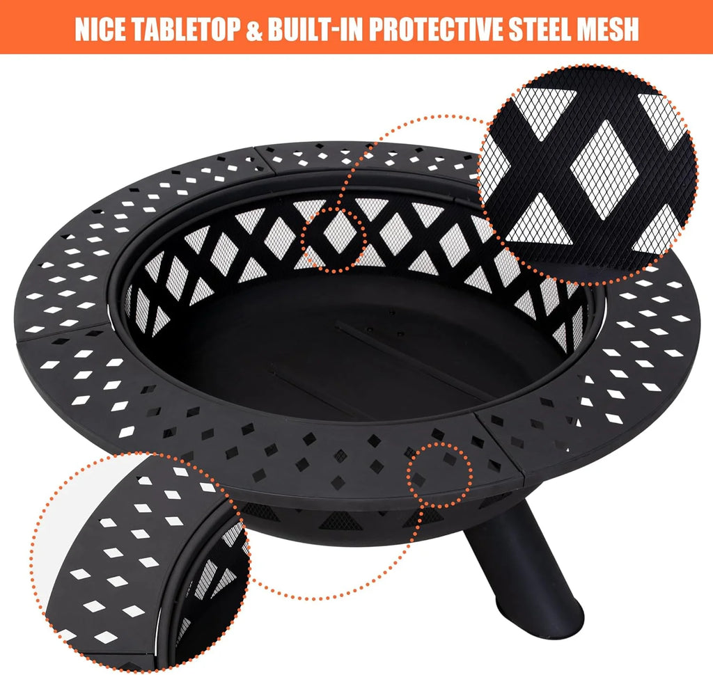 SUNCREAT 42-Inch Wood Burning Patio Fire Pit, Black, 42.1 Inch Diameter x 25.2 Inch High