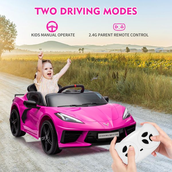 12V Kids' Ride-On Car With Remote Control, LED Lights, Music, And Rose Red Color - Licensed Corvette