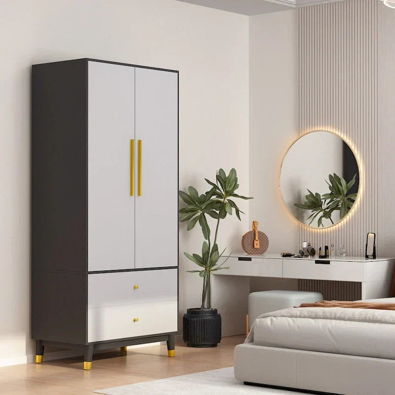 2-Door Wardrobe Closet Armoire With 2 Drawers And Clothes Rail - 70.9H x 31.5W x 19.1D