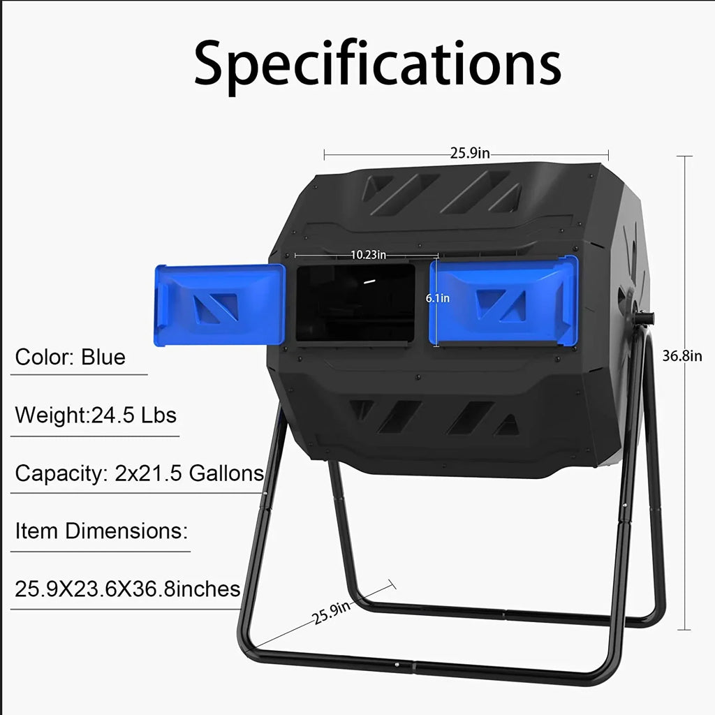 Dual Compartment Compost Tumbler Bin 43 Gallon Blue Door