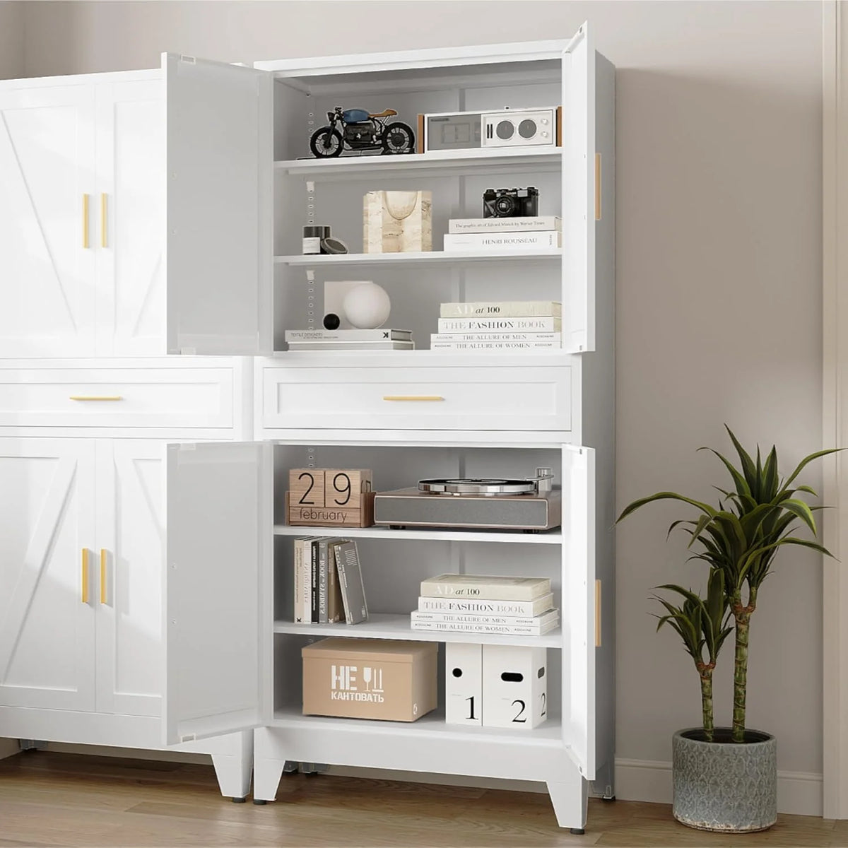 Farmhouse Metal Wardrobe Cabinet With Hanging Rod, 2 Barn Doors, Adjustable Shelves And Drawer, White - 71'' Wardrobe