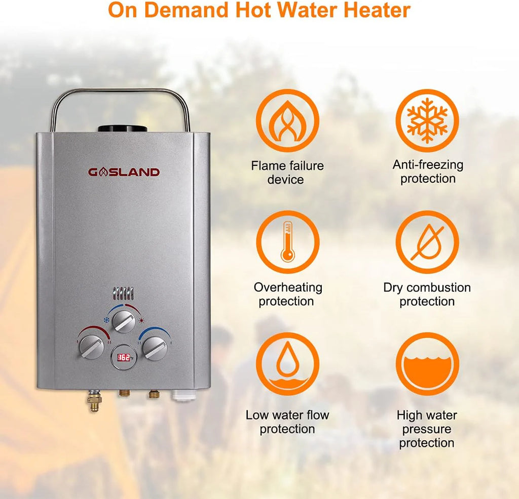 GASLAND Portable Outdoor Propane Tankless Water Heater 6L 1.58 GPM Silver - BE158S