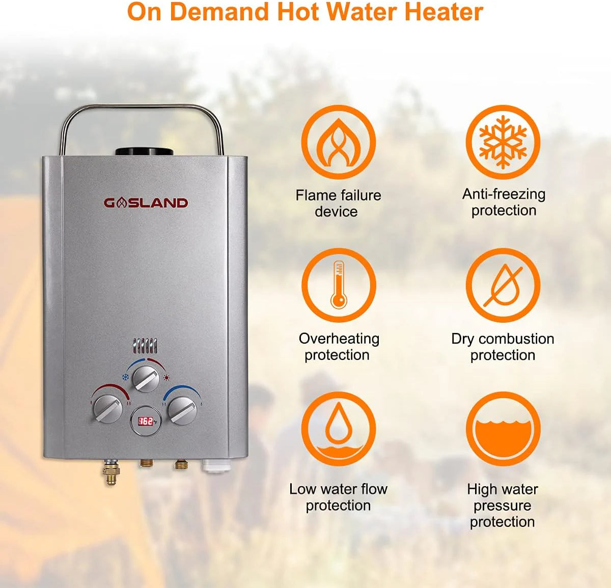 GASLAND Portable Outdoor Propane Tankless Water Heater 6L 1.58 GPM Silver - BE158S