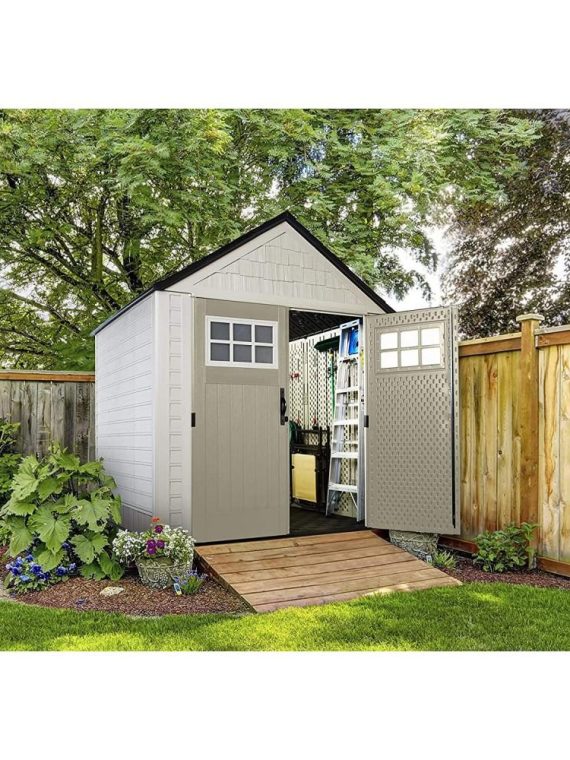 7x7 Ft Resin Outdoor Garden Storage Shed With Windows And Utility Hooks, Sand