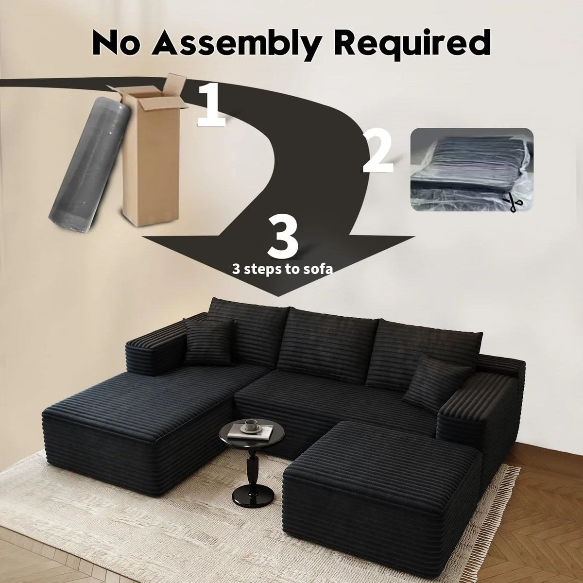 Settab Modular Sectional Sofa, 2 Seater Left-Facing Chaise, Black, 68.9 inch D x 107.5 inch W x 36.3 inch H