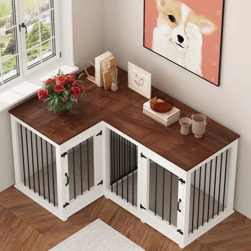L-Shaped Corner Dog Crate Furniture For 2 Dogs, 58.7 x 41.1