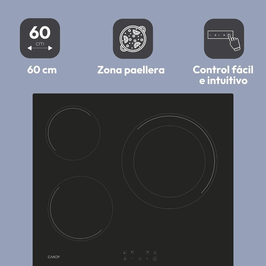 Candy Ceramic Hob 60 cm, 3 Cooking Zones, Double 30 cm Zone, Black - CH63DCC