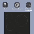 Candy Ceramic Hob 60 cm, 3 Cooking Zones, Double 30 cm Zone, Black - CH63DCC