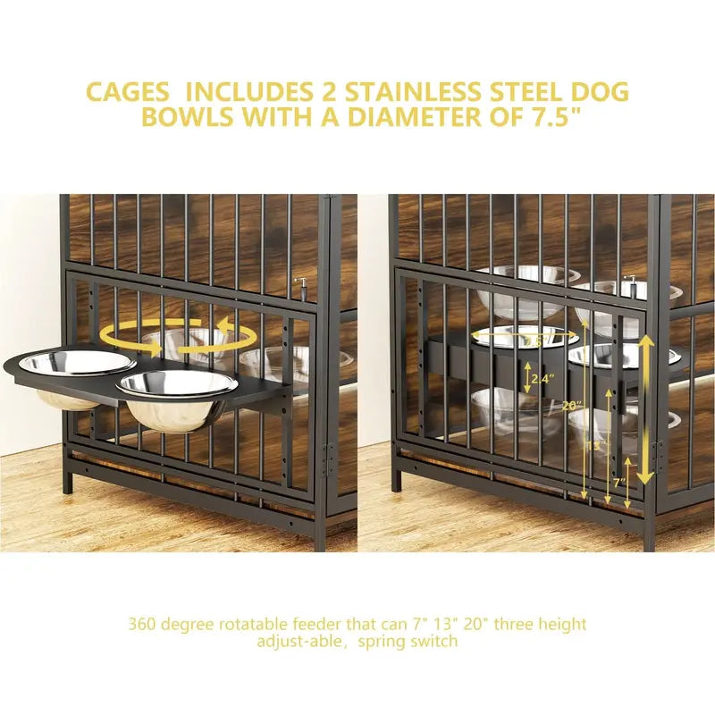 ROOMTEC Large Dog Crate Furniture With Adjustable Bowls, Steel Frame, 48in x 30.3in x 43in
