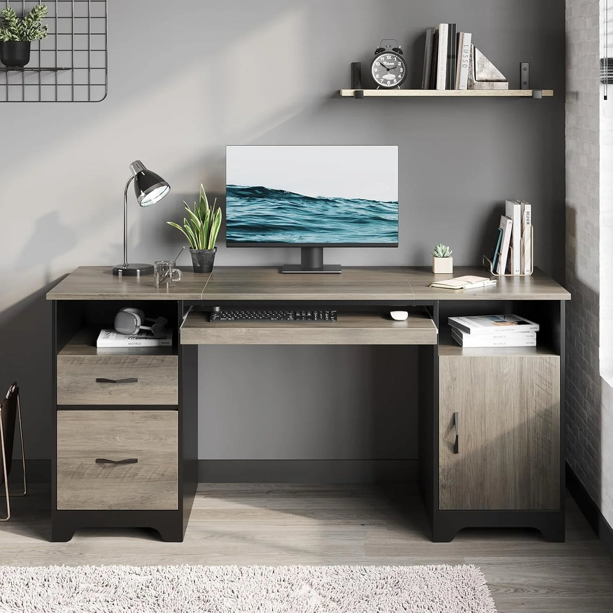 59in Executive Computer Desk With 2 Drawers, Storage Cabinet, Keyboard Tray And 2 Pedestals