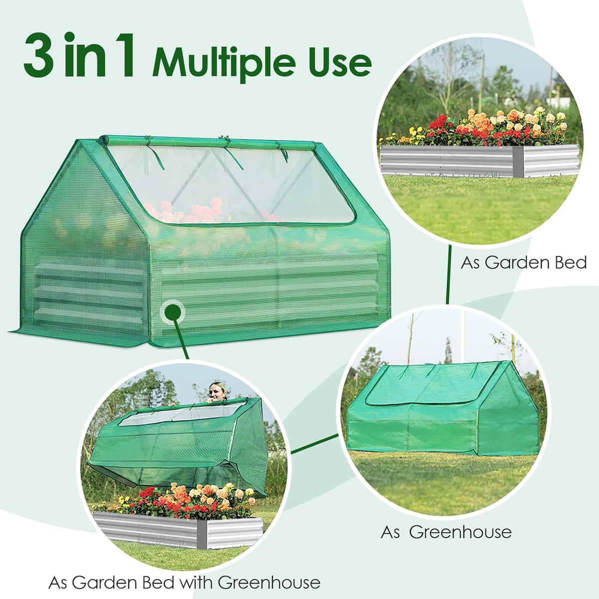 Galvanized Metal Raised Garden Bed Kit With Greenhouse Cover, 6 x 3 x 1 ft, 2 Screen Windows, 20 T Tags, 1 Pair Gloves - Clear