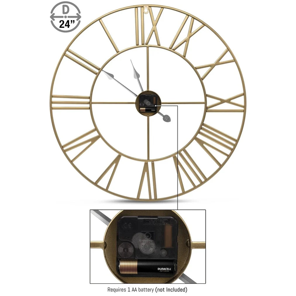 24 Inch Round Black Powder-Coated Metal Wall Clock With Gold-Tone Hands