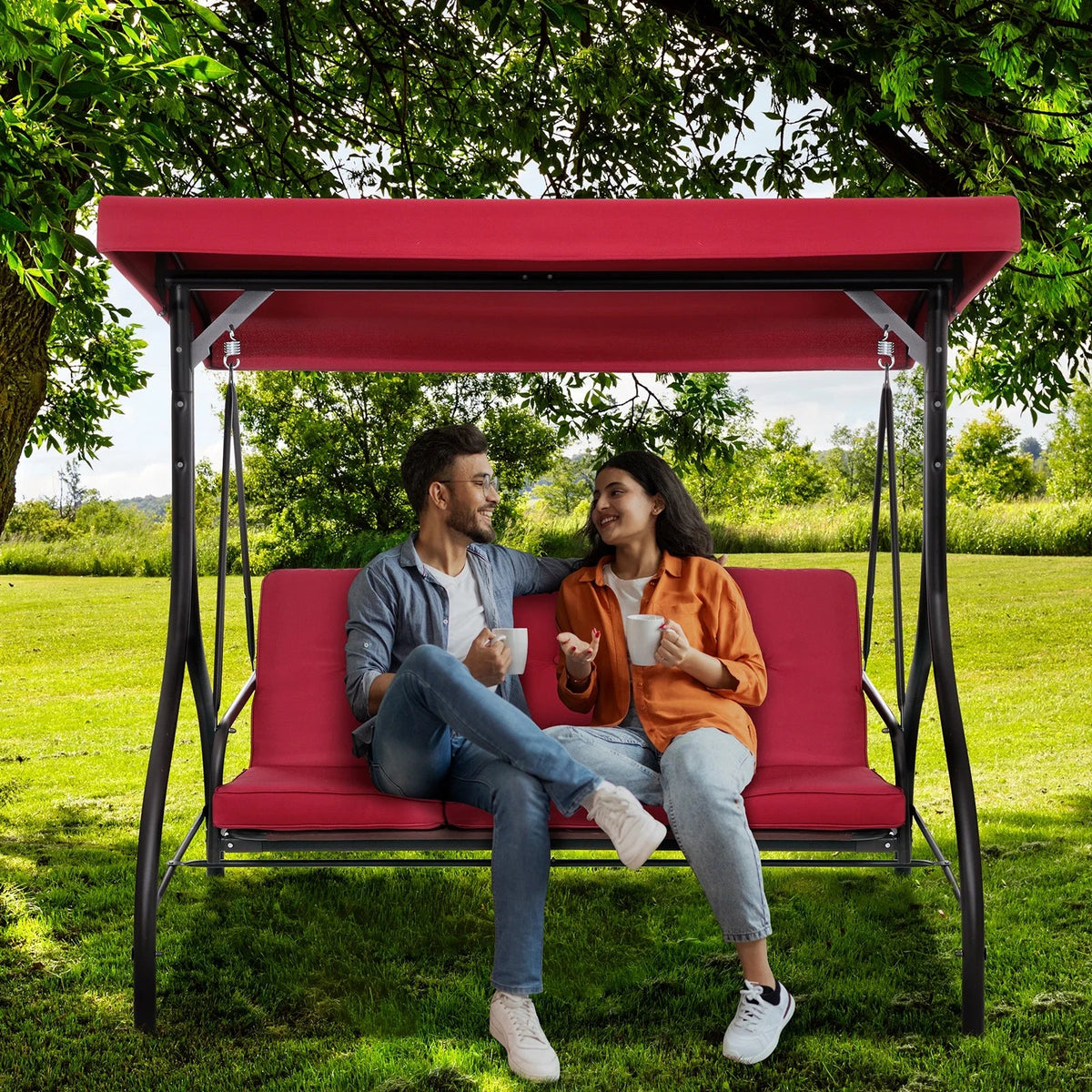 Arlopu 3-Person Outdoor Convertible Porch Swing Glider With Canopy