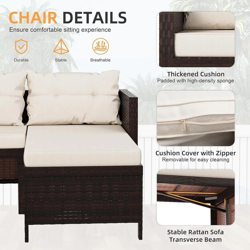 3-Piece Wicker Rattan Patio Seating Set With Glass Coffee Table And Beige Cushions