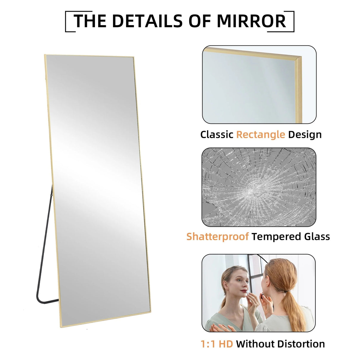 Full-Length Floor Mirror 64x21, Aluminum Alloy Frame With Stand And Wall Mount Option