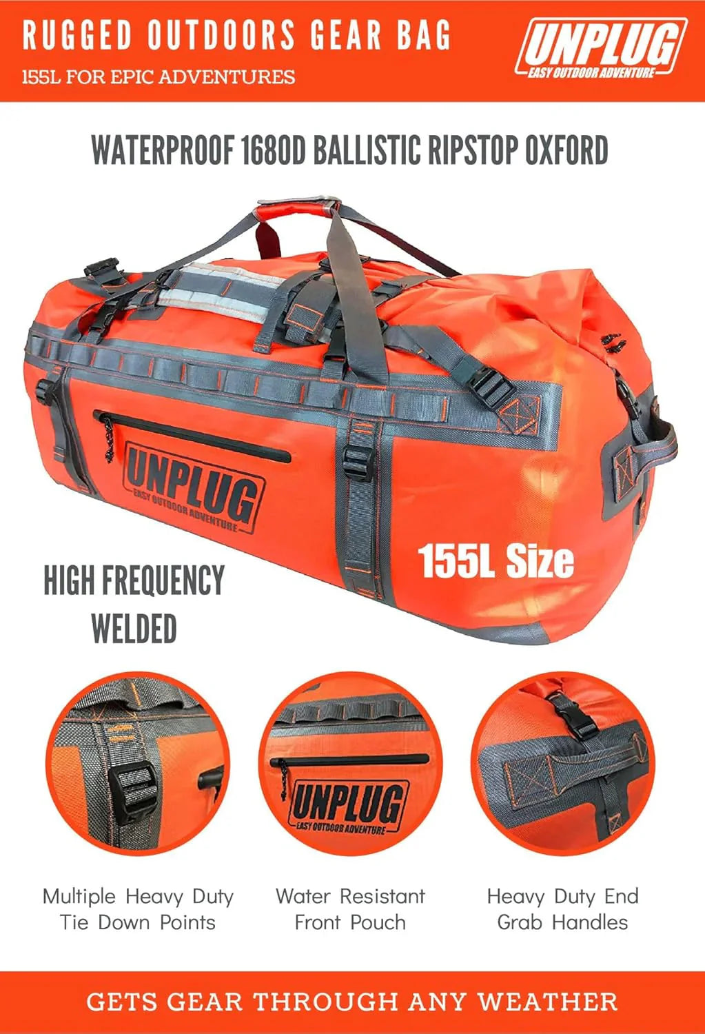 UNPLUG Waterproof Duffel Backpack, 65L, Adventure Orange - 100000