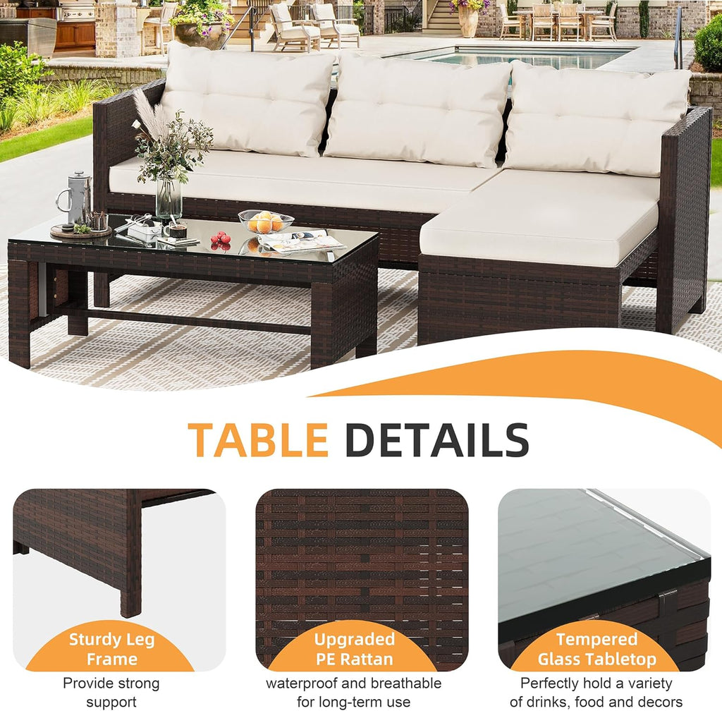 3-Piece Wicker Rattan Patio Seating Set With Glass Coffee Table And Beige Cushions